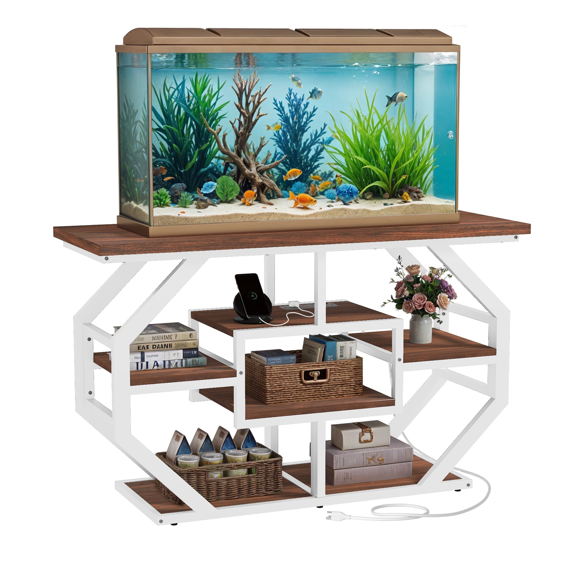 Uforic 55-75 Gal Aquarium Stand with Power Outlet – Faux Marble Fish Tank Stand for Turtle Tank, Reptile Terrarium, 860 lbs Capacity - White & Gold