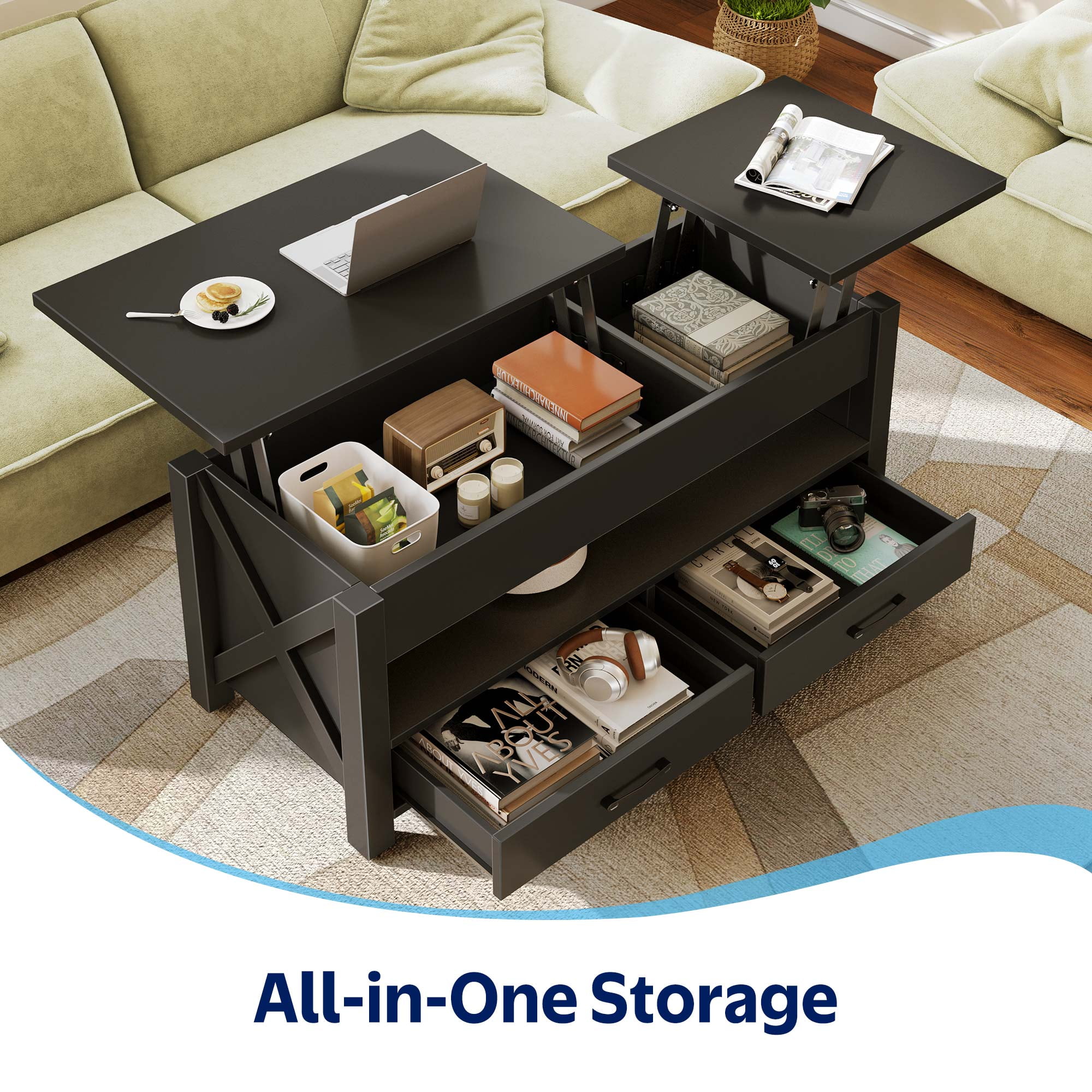 Greenstell Lift-Top Storage Coffee Table - Modern Style with 2 Drawers, Hidden Compartment & Wooden Lift Tabletop - Black - 37"