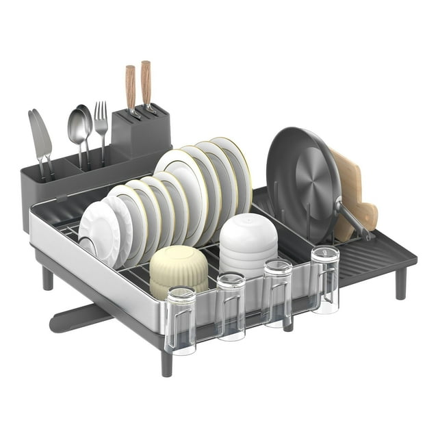 Estante para secar Platos Grande para mostrador de Cocina, Estante de Platos de Acero Inoxidable con Boquilla giratoria, utensilio, Taza, Vidrio, Tabla de Cortar, Soportes para