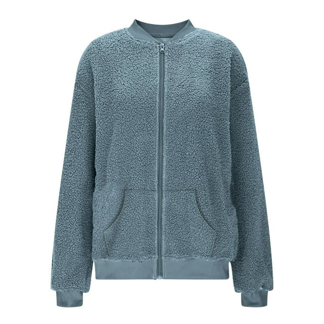 HAiming Womens Zip up Fleece Jacket Long Sleeve Fuzzy Comfy Solid Color Tops Fall Winter Outwear Coat with Pockets