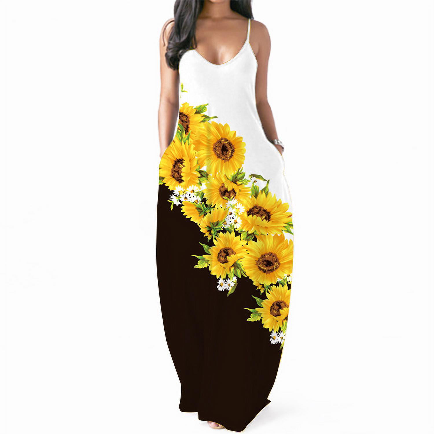 Women's Maxi Sunflower Dresses Sleeveless Long Tie Dye Dress Casual Sundresses with Pockets 