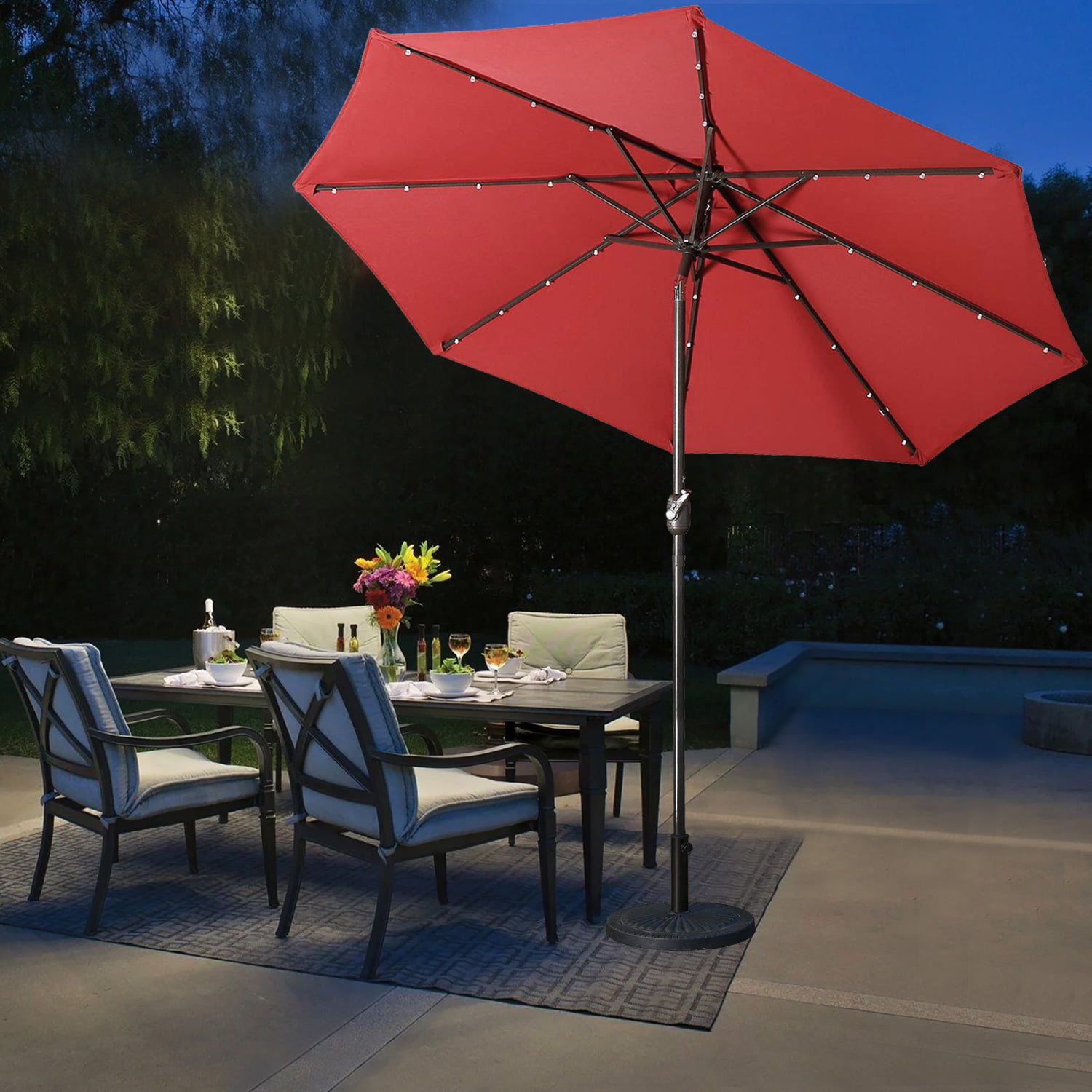 9ft Solar Power LED Patio Umbrella Outdoor Parasol Pool Sunshade Tilt with Crank 