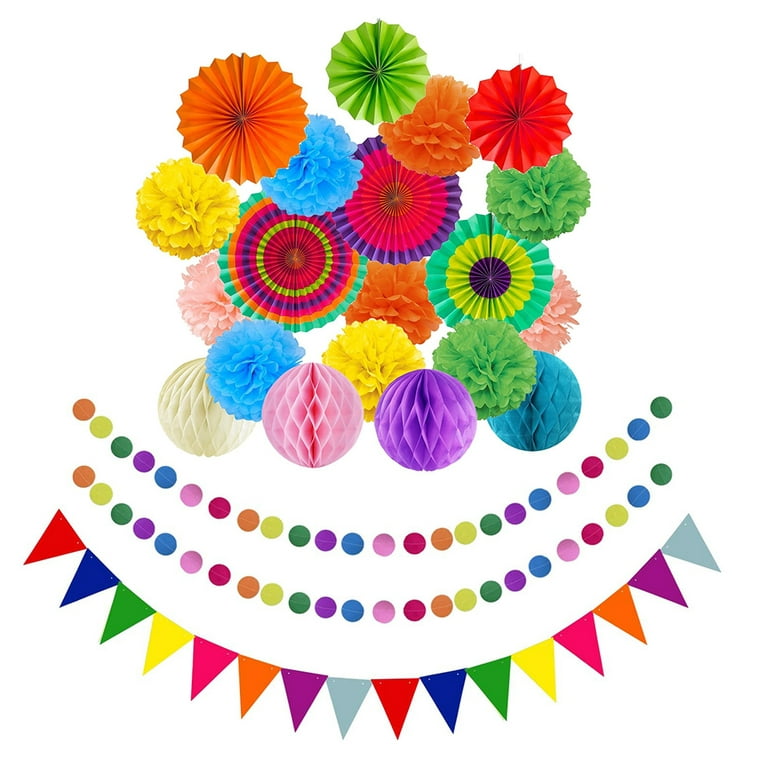 Fiesta Paper Fan Party Decorations Set, 24pcs Colorful Paper Fans, Hollow Paper Fans, Tissue Paper Pom Poms, Honeycomb Balls, Dot Garland for Fiesta
