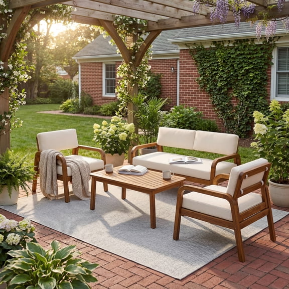 Modern Cream Acacia Wood Patio Furniture Set, Outdoor Wicker Conversation Set