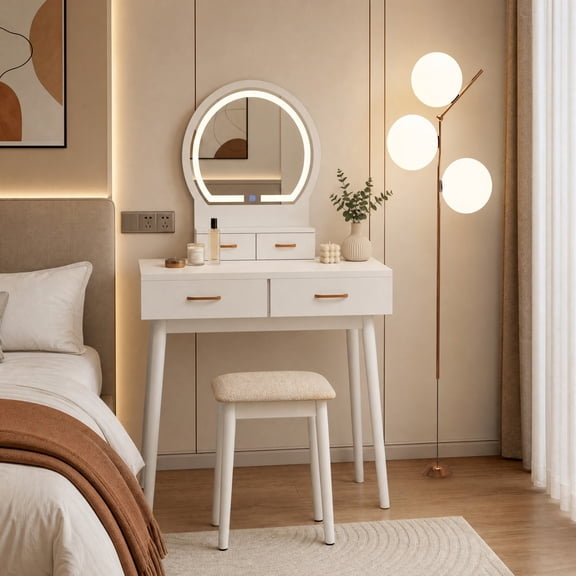 Small Makeup Dressing Table Vanity Set with Round 3‑Color Dimmable LED Lighted Mirror, 4 Storage Drawers, Solid Wood Legs and Cushioned Stool for Compact Bedroom,Black