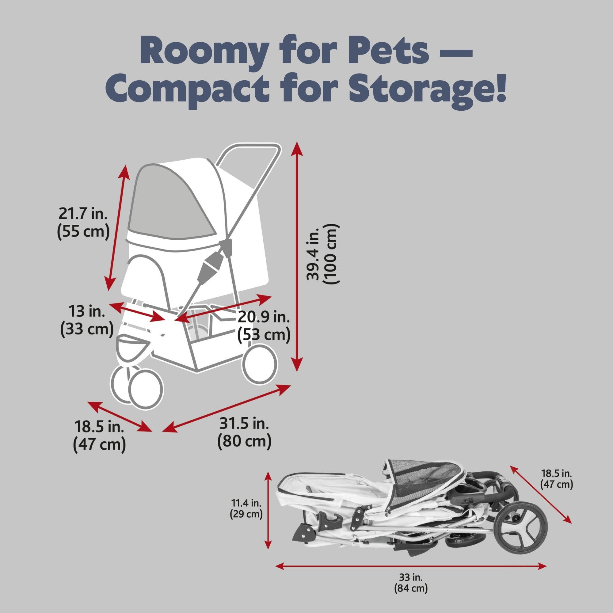 TRIXIE 3-Wheeled Foldable Dog & Cat Stroller with Canopy and Storage Compartments, Gray