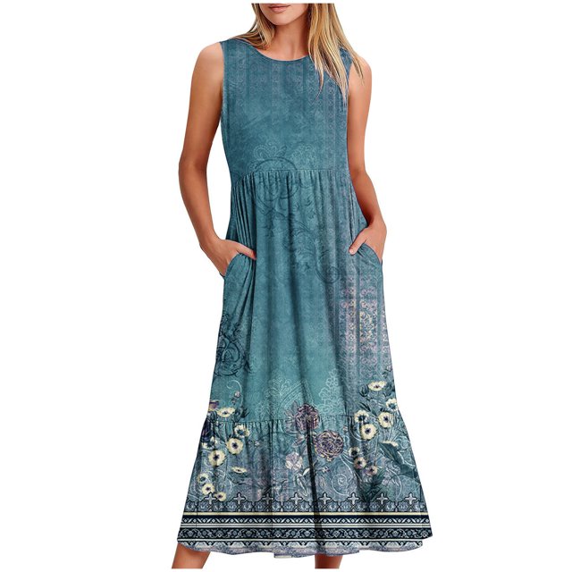 SDNall Robe Sans Manches à Col Rond Imprimée pour Femmes