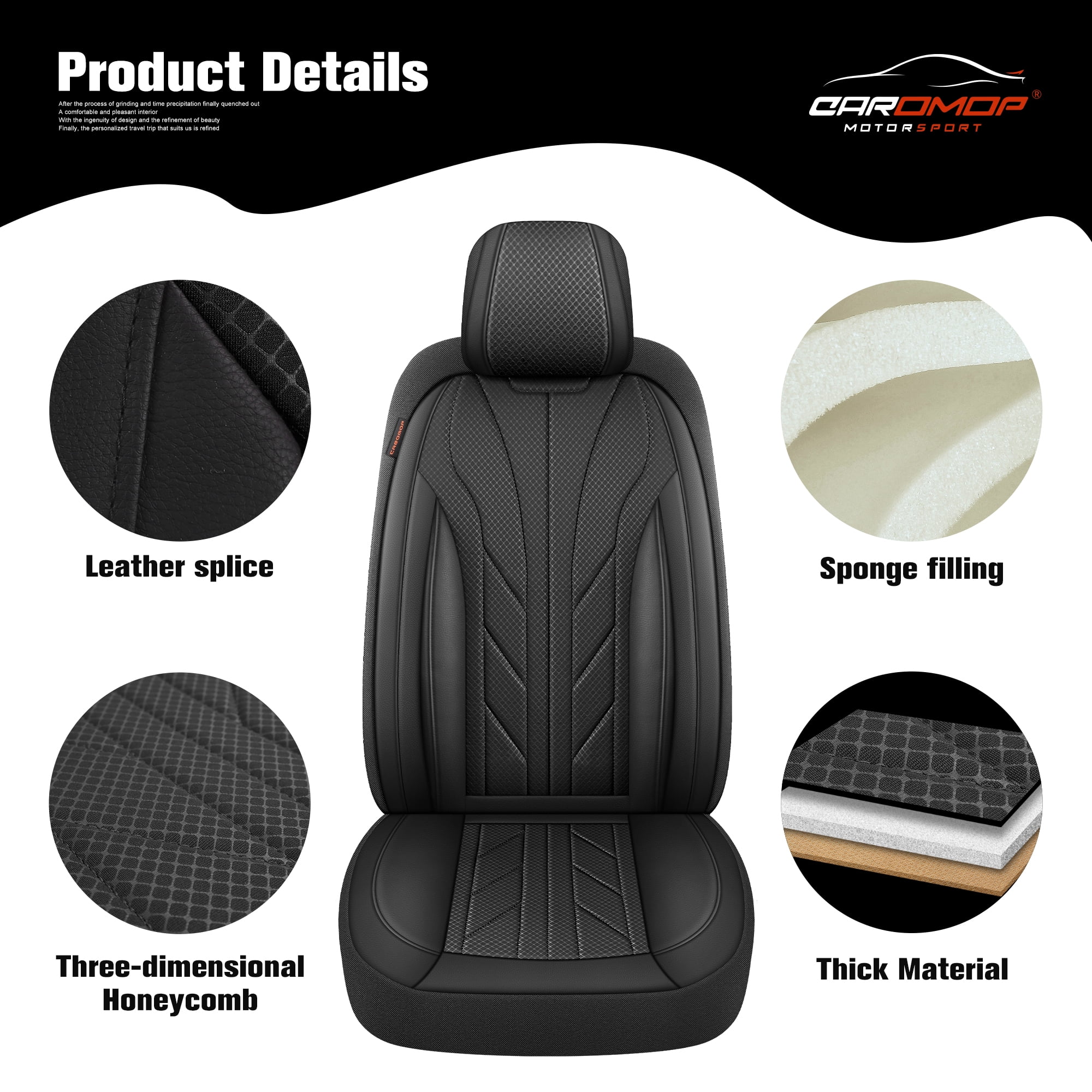 Caromop Black, Luxury Faux Leather & Fabric, Breathable 3D Foam, Armrest Covers,Airbag compatible,Full Seat Covers