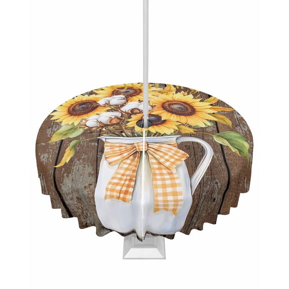 Fsddascl Summer Sunflowers Outdoor Tablecloth - 54 Inch Round Dining Table Cover, Blossoming Botanical Florals Wooden Waterproof Outdoor Table Cloth with Umbrella Hole & Zipper for Picnic/Patio