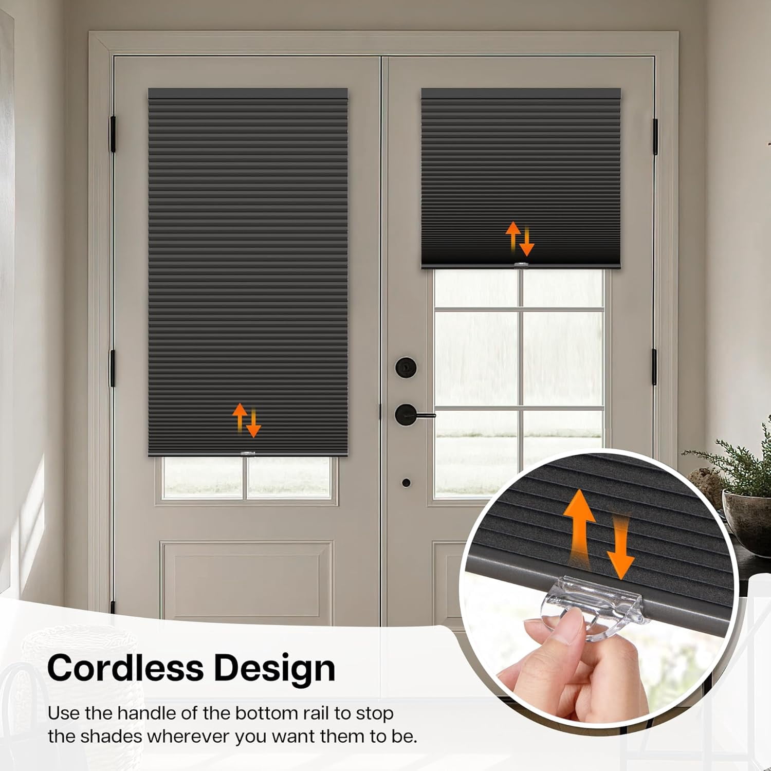 LazBlinds Cordless Cellular Shades for French Doors, No Drill French Door Blinds for Privacy, Blackout Light Blocking Honeycomb Shades for Sliding Doors Front Door Patio, 1 Pack, 30" W x 78" H, Black