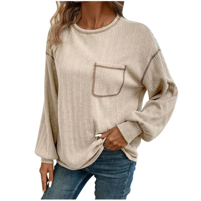Timegard Ribbed Tops for Women Crew Neck Puff Long Sleeve Blouse Fall Winter Casual Loose Comfy Tops