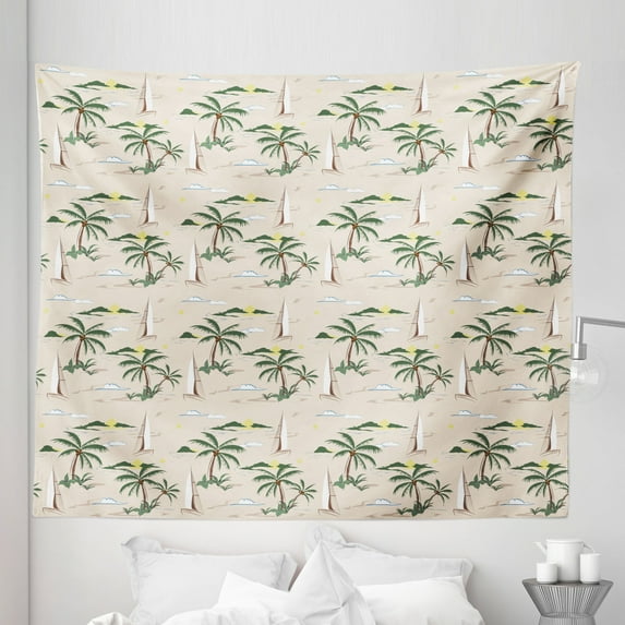 Coconut Tapestry, Island Pattern with Sailboat Summer Sun Clouds Palm Trees Beach Landscape, Fabric Wall Hanging Decor for Bedroom Living Room Dorm, 5 Sizes, Hunter Green Beige, by Ambesonne