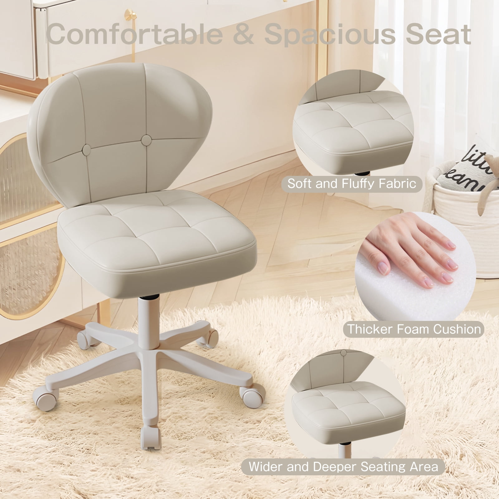 Vanity Chair with Back – Small Armless Office Chair with Wheels, Lumbar Support, PU Leather, Adjustable Height, 360° Swivel for Home, Bedroom, Office White