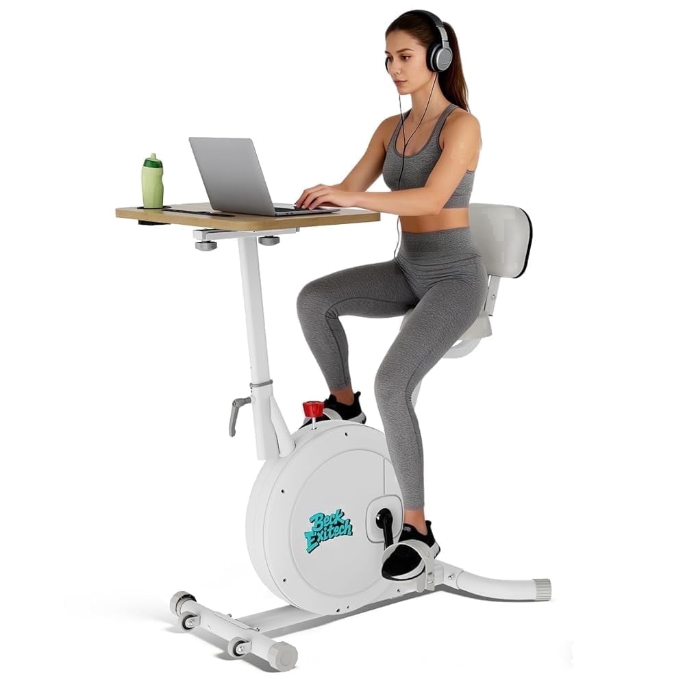 Beck Exitech 3-in-1 Desk Exercise Bike with Adjustable Seat, Backrest and Workstation Table, Quiet Stationary Bike for Home Office Workout