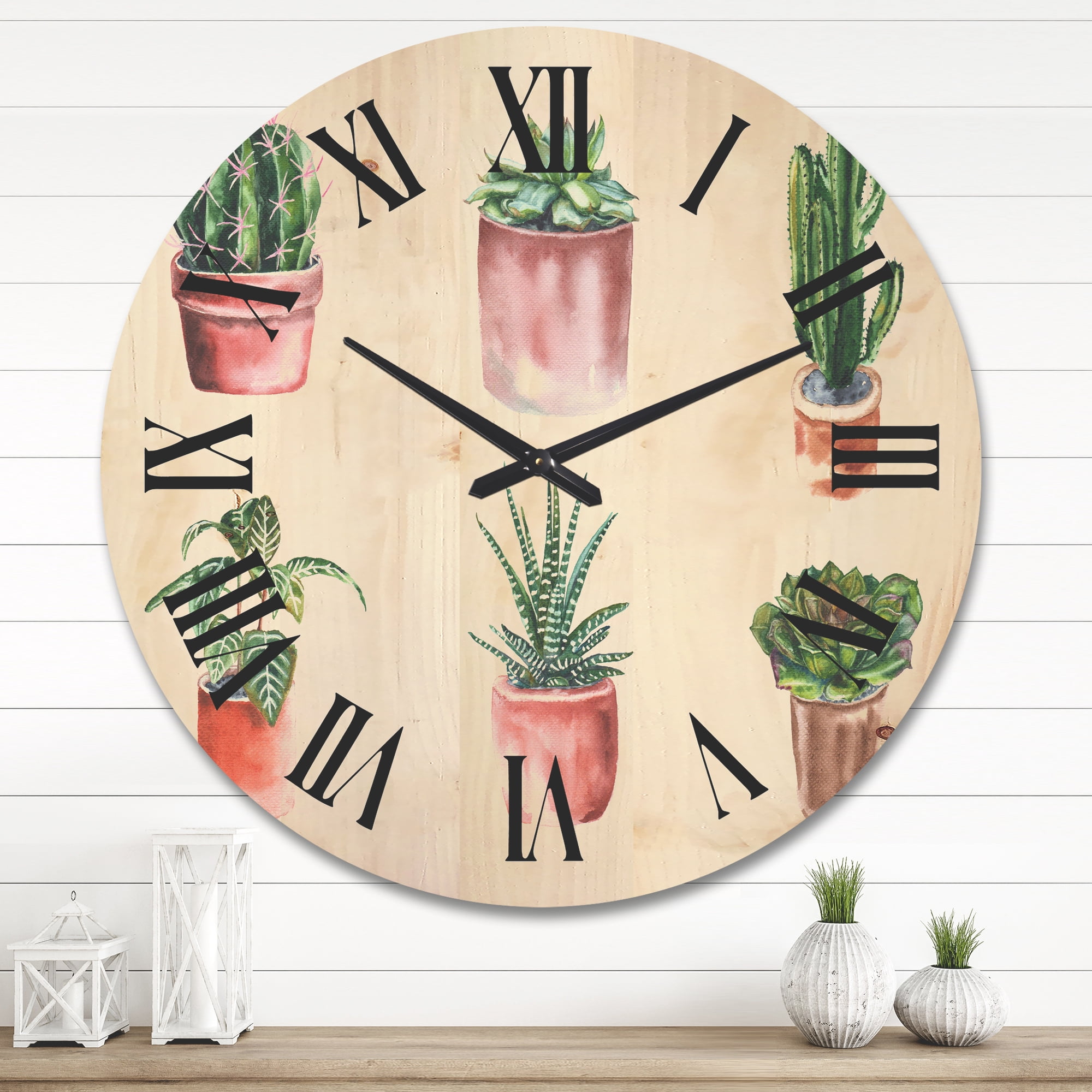 Designart 'Cactus and Succulents In A Clay Pot ' Traditional Wood Wall Clock