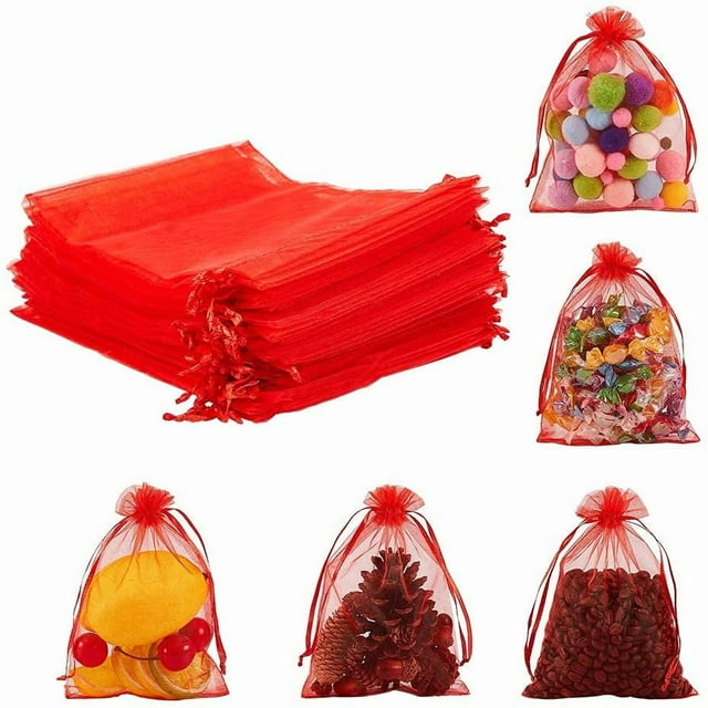 100 bolsas de organza con cordón de 5 x 7 pulgadas, bolsas rojas para joyería, bolsas de malla transparente con cordón, bolsas de regalo para recuerdos de boda