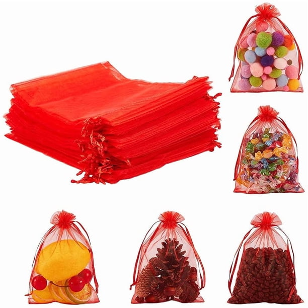 100 bolsas de organza con cordón de 5 x 7 pulgadas, bolsas rojas para joyería, bolsas de malla transparente con cordón, bolsas de regalo para recuerdos de boda