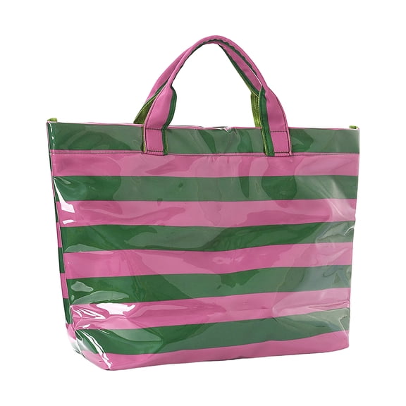 Striped Tote Purse, 16Γ12Γ6 In Waterproof Beach Bag, Large PVC Retro Casual Handbag For Travel Shopping Gym(Green)