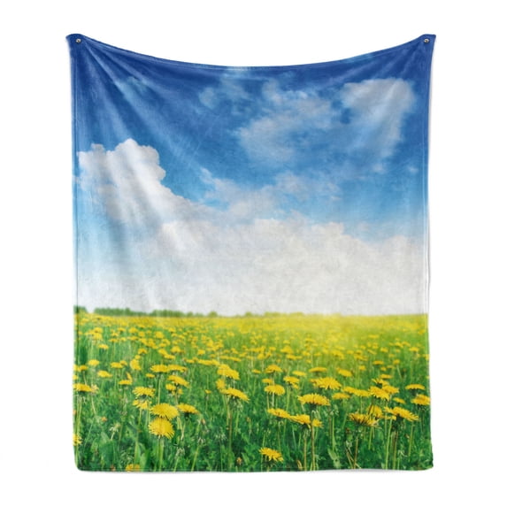 Yellow and Blue Soft Flannel Fleece Throw Blanket, Summer Daisy Flower Field Environment Refreshing Grassland Growth, Cozy Plush for Indoor and Outdoor Use, 70" x 90", Green Blue Yellow, by Ambesonne