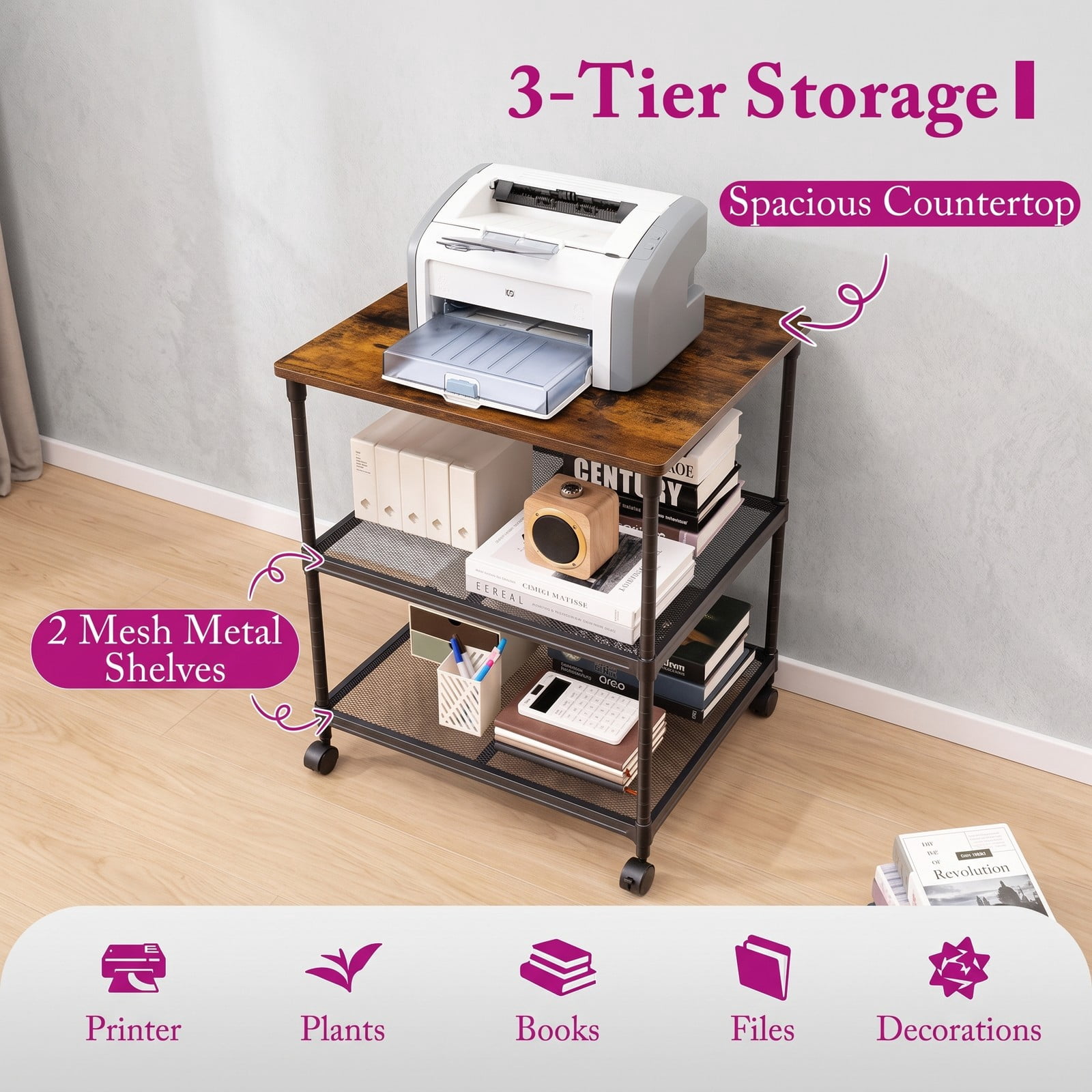 Furnibear 3 Tier Rolling Printer Stand Fax Cart with Adjustable Shelf, Swivel Locking Wheels, Wood Iron Mobile Storage Organizer for Home Office - Coffee
