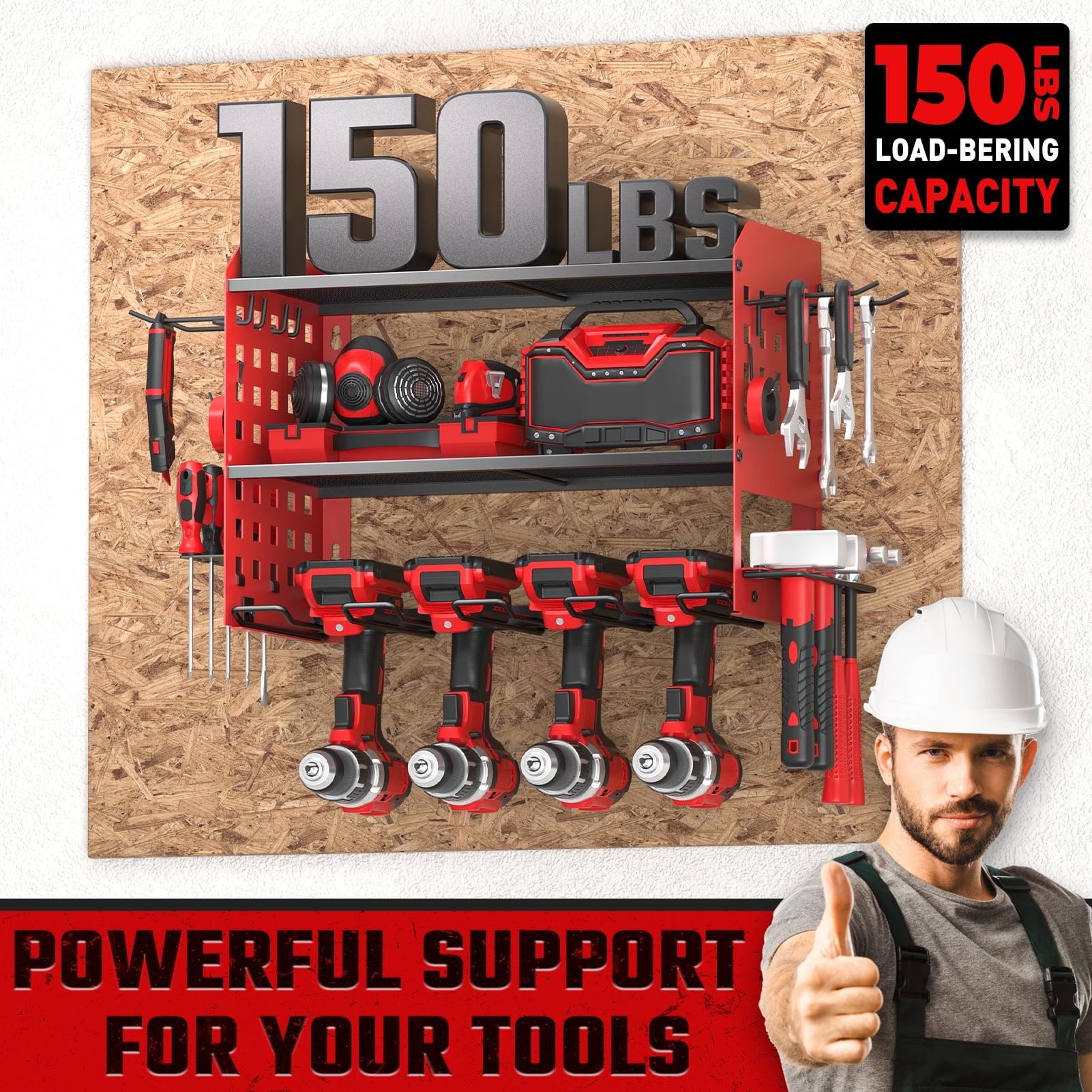 SUNALLY Power Tool Organizer, 3 Layers Drill Holder Wall Mount with 2 Side Pegboards, Heavy Duty Tool Storage Rack for Garage, 150Lbs Load Capacity, Red