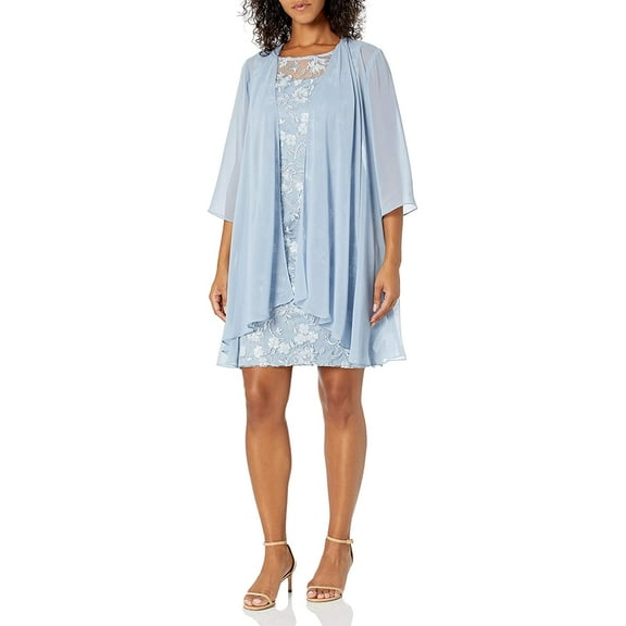 Alex Evenings Womens Short Embroidered Dress with Illusion Jacket 4 Petite Light Blue Elongated