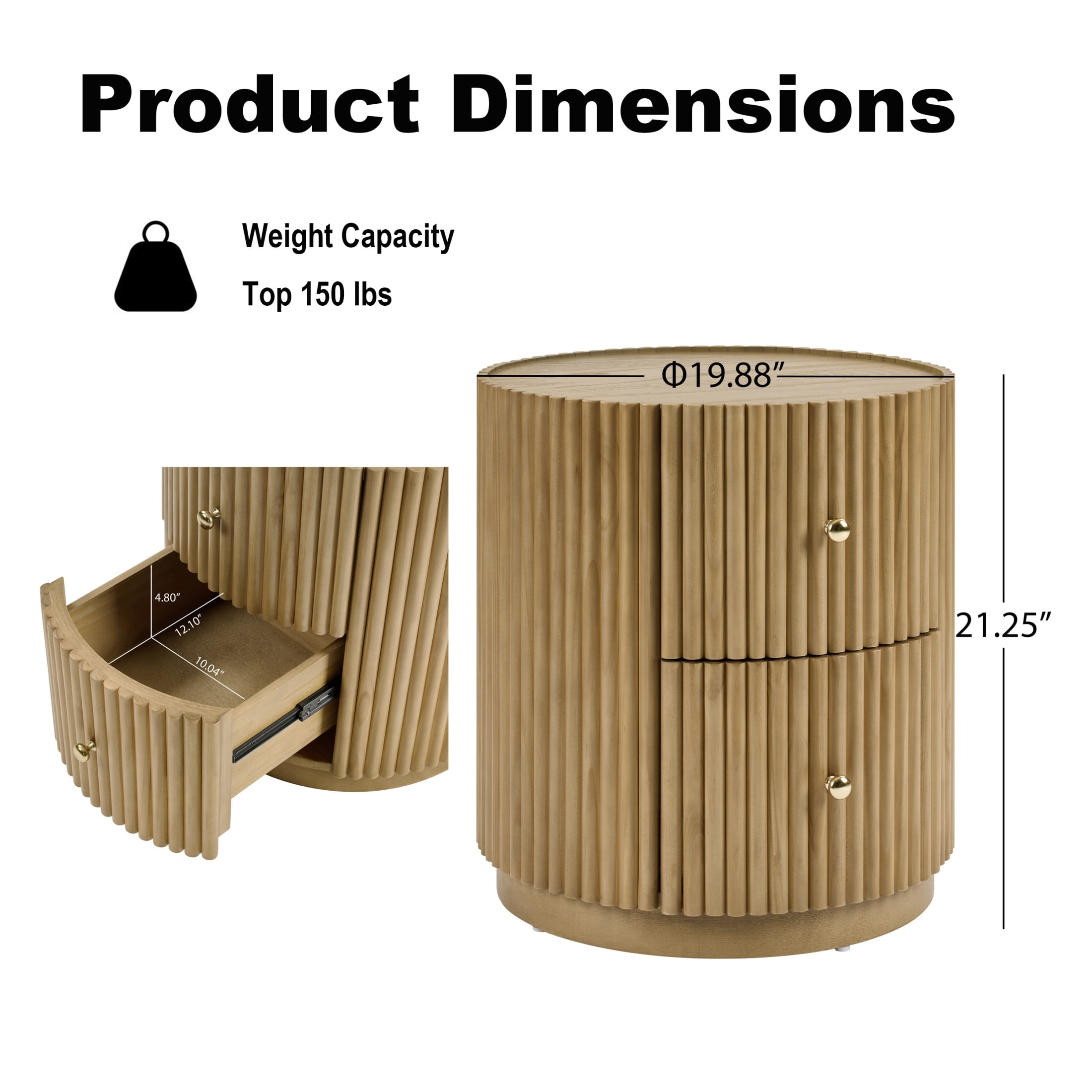 Christopher Knight Home Modern Round Fluted Side Table with Drawers, Tambour Wood Nightstand, Natural