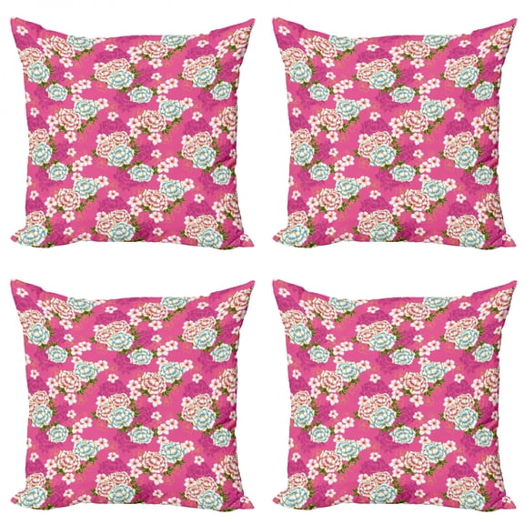 Ambesonne Floral Throw Pillow Cover 4 Pack, Taiwan Hakka Culture, 24", Pink Blue Green