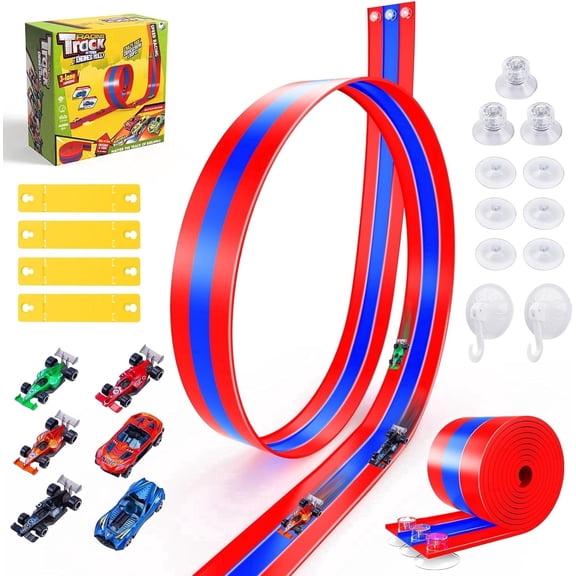 Gofunly 16.4ft 3-Lane Flexible Race Car Track for Kids, Roll Up Racetrack with 6 Cars, No Assembly Battery-Free Track Set Compatible with 1/64 Diecast Cars, Gift for Boys Girls 3-12