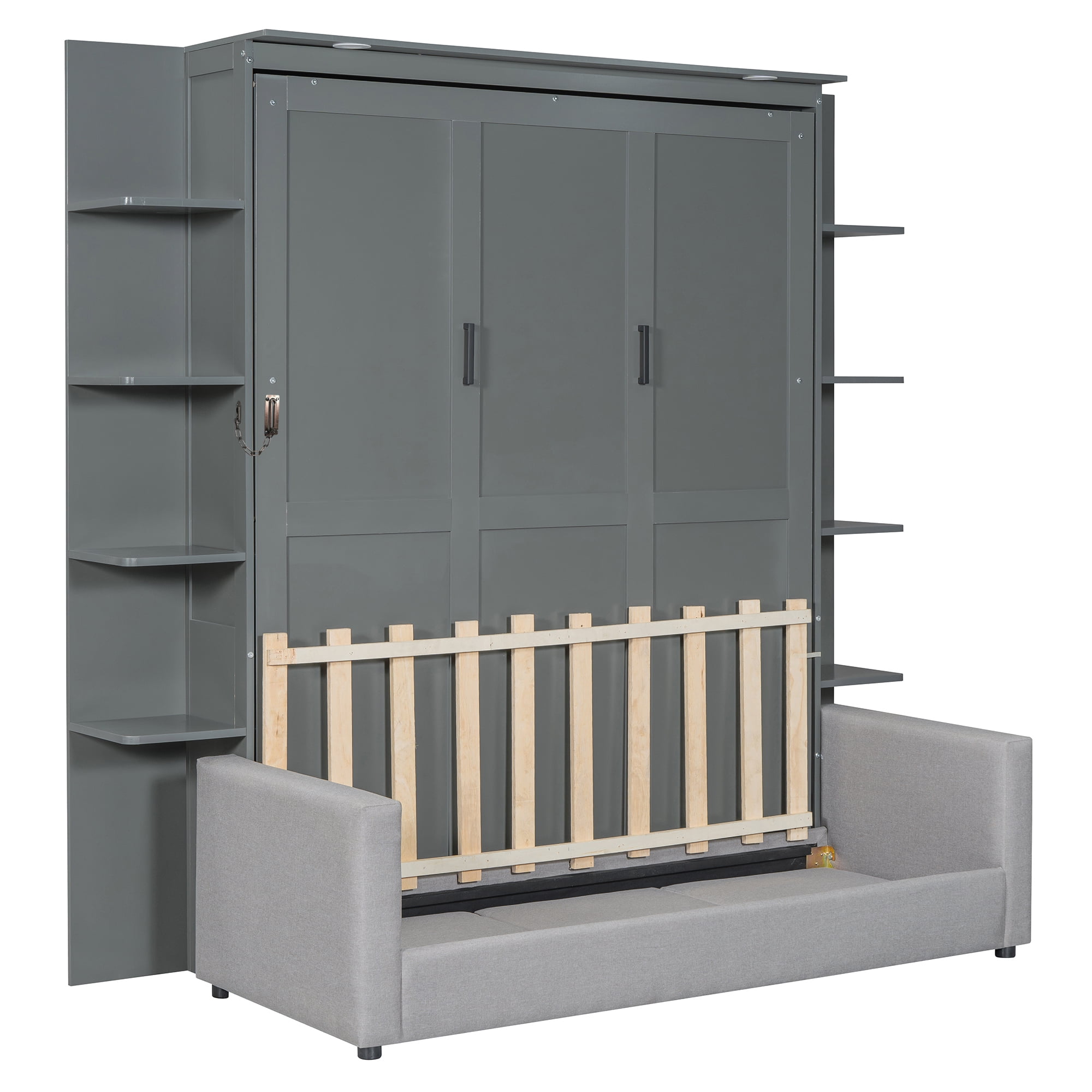 Mintazer Queen Murphy Bed with Sofa & Side Shelves, Modern Foldable Wall Bed with LED Lights for Bedroom Apartment Guest Room, Gray