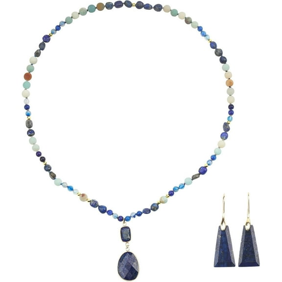 Boho Lapis Lazuli Jewelry Set for Women Handmade Natural Stone Beaded Long Necklace Earrings Set Amazonite Rhodochrosite Vintage Elegance Ideal Gift for Her