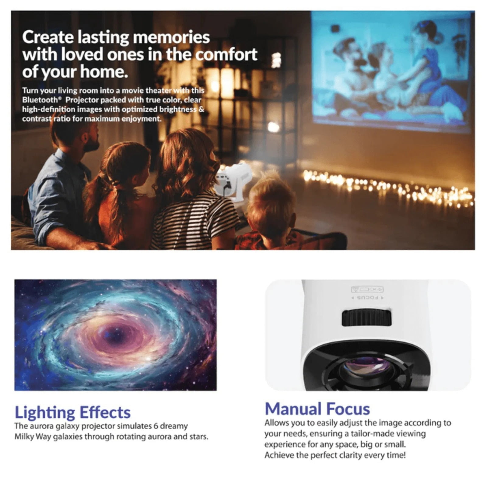Intelligent WiFi streaming projector, featuring built-in Wi-Fi and Bluetooth 5.3, aurora light effect, mirror projection, suitable for home entertainment and meeting rooms.