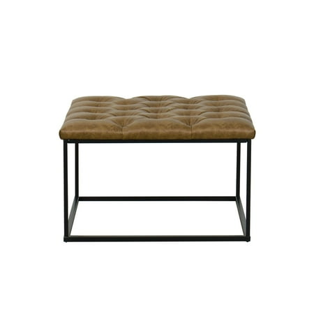 HomePop Draper Ottoman with Button Tufting, Light Brown Faux Leather