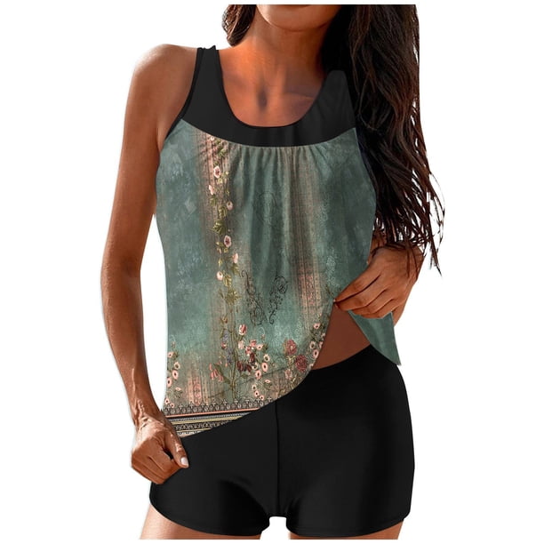 Traje de Baño de Dos Piezas para Mujeres Traje de Baño Conservador con Correa de Espalda Y Control Del Vientre, Conjuntos Cortos de Playa para Mujeres