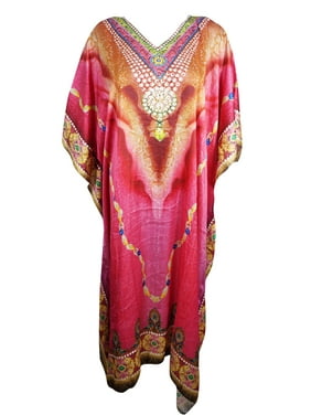 Mogul Bohemian Womens Pink Digital Print Long Tunic Kaftan Beach Cover Up Dress 3X