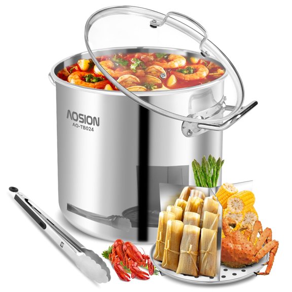 24 Quart Large Stainless Steel 3-IN-1 Stock Pot With Lid,Heavy Duty Soup Pot With Tempered Glass Lid,Steam Rack and Food Holder,Induction, Oven safe, Gas and Dishwasher Safe.