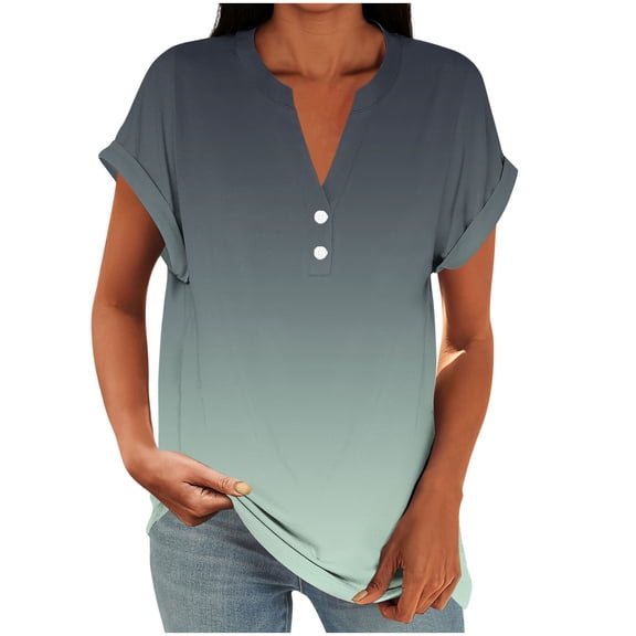 MaFYtyTPR Women's Short Sleeve Tops Fashion Casual Printed V-Neck Loose Raglan Sleeve Button Loose T-shirts Army Green L