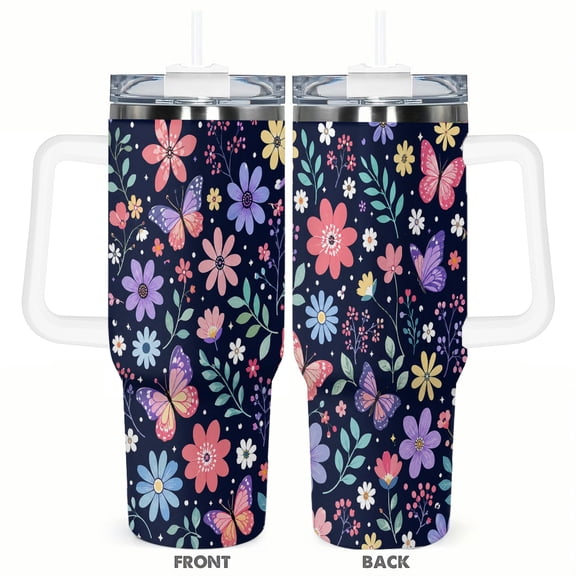 Navy Butterfly Floral 40oz Car Tumbler Insulated Travel Cup with Handle and Straw Stainless Steel Vacuum Coffee Cup Thermal Tumbler Gift for Her