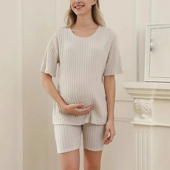 ShaoRunShi Maternity 2 Piece Lounge Sets Ribbed Knit Matching Outfits T-shirt Biker Shorts Pregnancy Sleepwear Loungewear Sweatsuits
