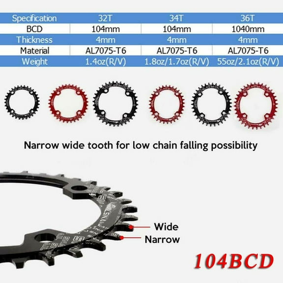 SNAIL 104bcd 32T 34T 36T 38T 40T 42T MTB Bike Chainring Narrow Wide Chainwheel