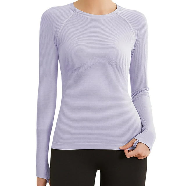 fheaev Chandails à Manches Longues pour Femmes Col Rond Chandail du Bas Ajusté Décontracté Extensible Ajusté sous-Blouses Entraînement Haut de Sport Pilates Vêtements de Mise en Forme Couche de Base Hauts