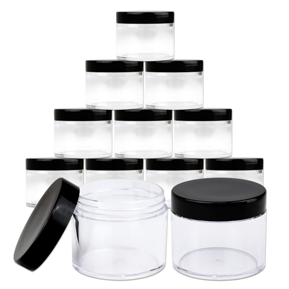 Beauticom 60 Grams/60 ML (2 Oz) Round Clear Leak Proof Plastic Container Jars with Black Lids for Travel Storage Makeup Cosmetic Lotion Scrubs Creams Oils Salves Ointments (12 Jars)