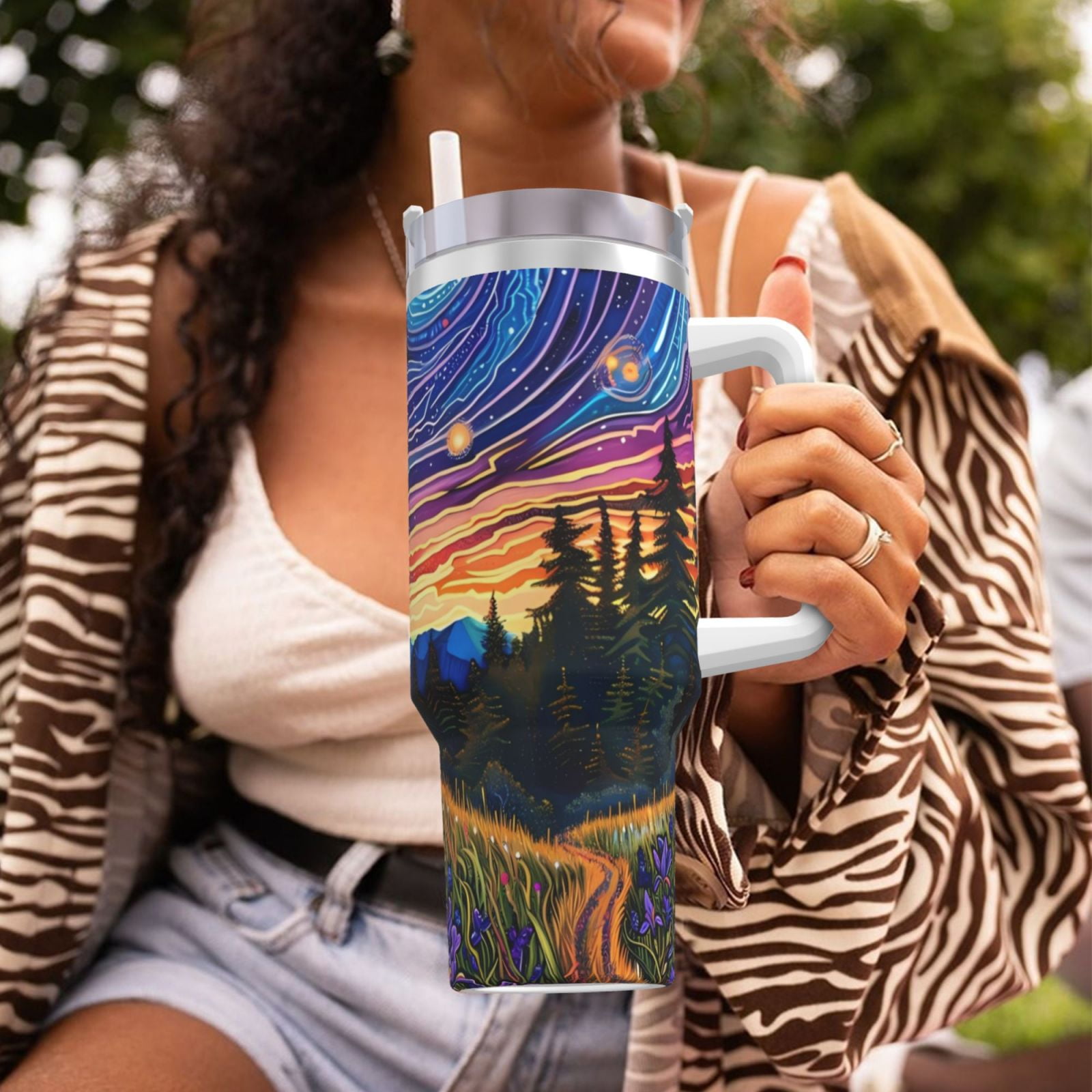 Vsdgher Galactic Night Over Meadow Pattern 40 oz Tumbler with Handle and Straw Lid | Insulated Cup Reusable Stainless Steel Water Bottle Travel Mug | Gifts for Women Men Him Her