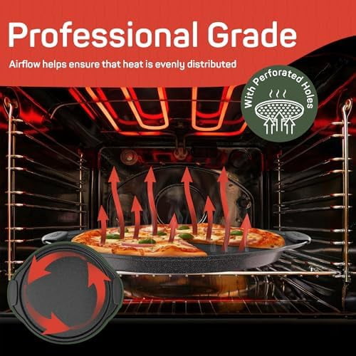 Nonstick Pizza Pan Set with Silicone Handles, Round Carbon Steel Tray 1 Pack 13-Inch with Perforated Holes, Oven & Dishwasher Safe Gray Marble
