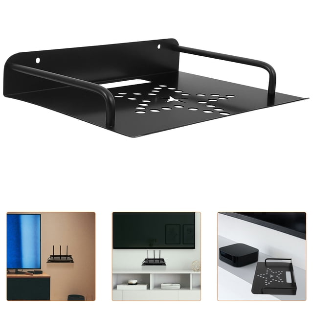 STRANDCHIC Strong Black Wall Mounted Router Rack with Projector Shelf and Cable Holder for Home Organization