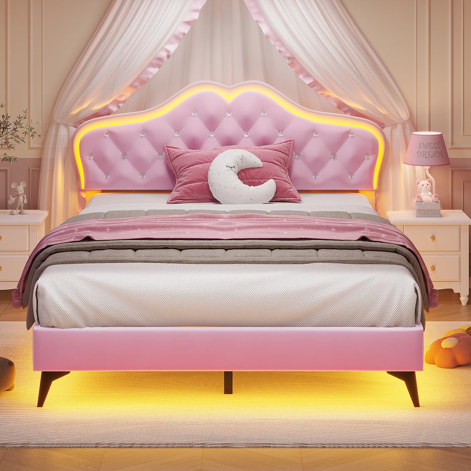 Afuhokles Twin Size Bed Frame with LED Lights, Upholstered Platform Bed, Pink