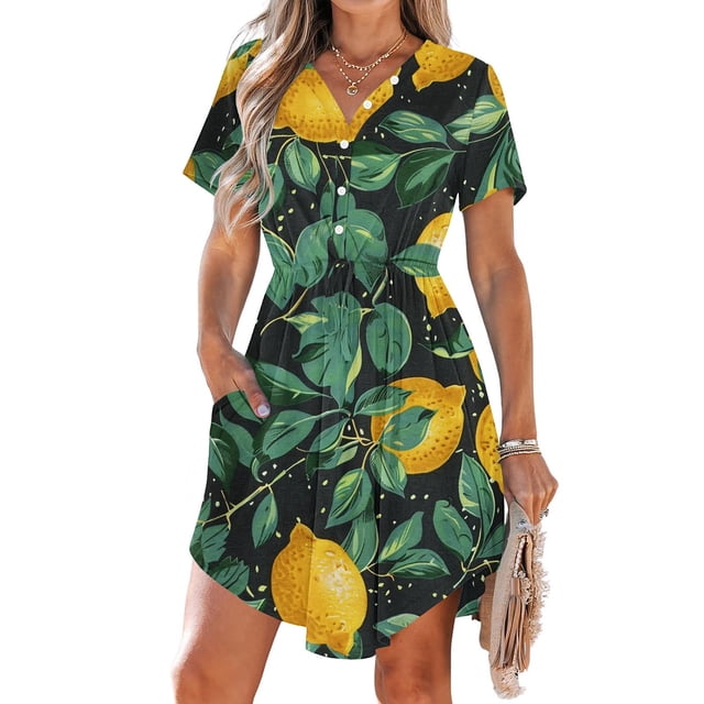 RKSTN Lady Imitate Cotton Skirt Robe d'Été pour Femme Décontractée à Col en V à Manches Courtes avec Cordon de Serrage Robes avec Poches Robes d'Été pour Femmes Décontractées