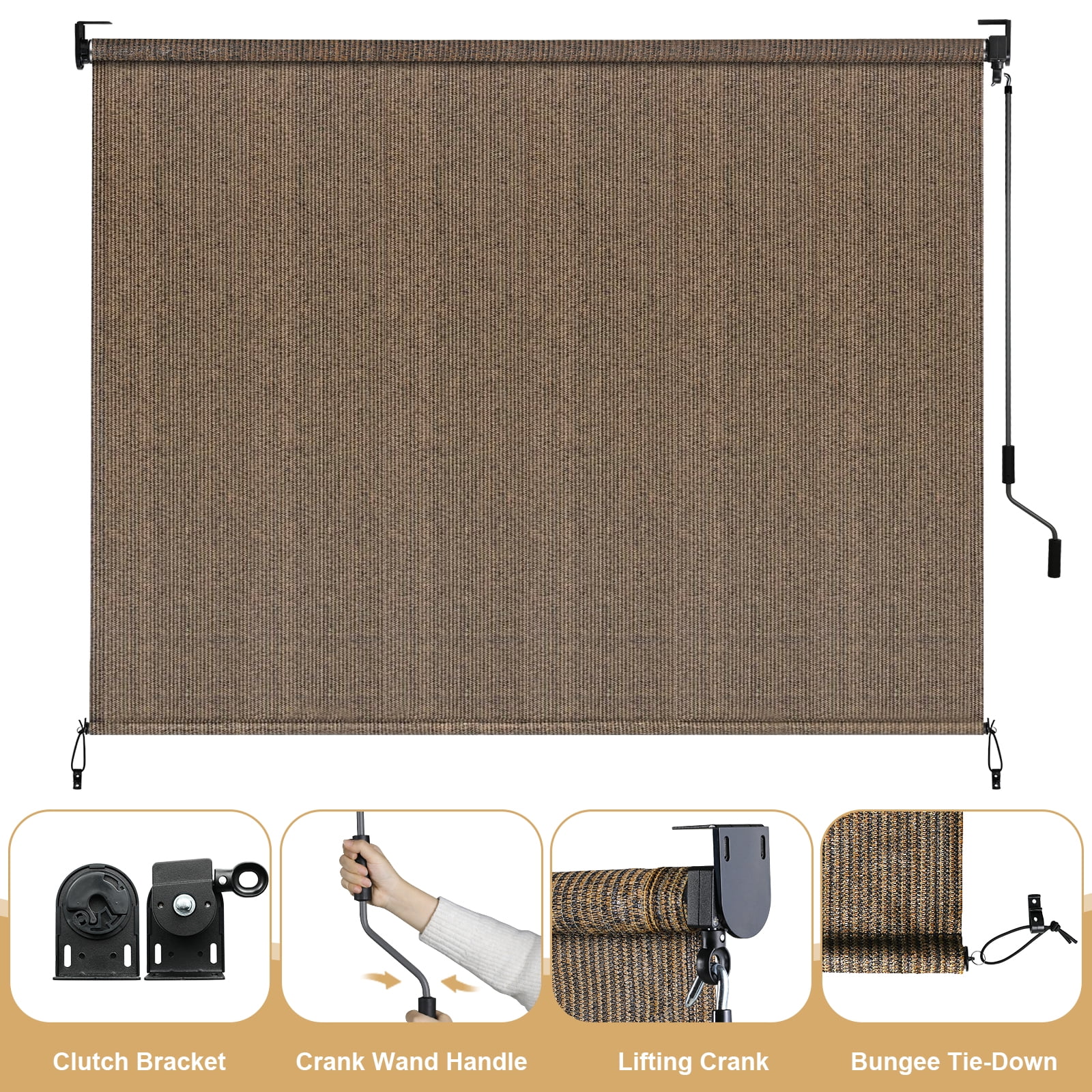 TLGREEN Outdoor Roller Sun Shade 8' x 8', HDPE Shade Cloth, Aluminum Tube（Brown）
