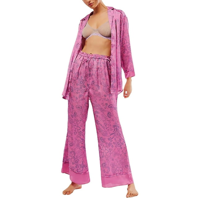 Silk Satin Pajamas Set For Women 2 Piece Floral Wide Leg Pants Set Long Sleeve Button Down Pj Shirts Set