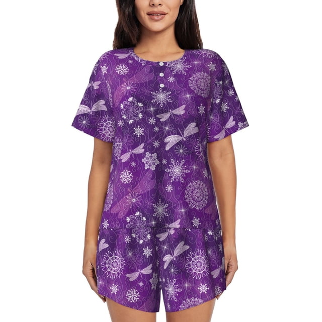 Balery Purple Snowflakes Conjunto de Pijama para Mujer con Estampado, Dos Piezas de Manga Corta y Shorts, Ropa de Dormir Suave con Cuello Redondo y Bolsillos-Medium